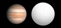 木星（左）とHD 189733 b（右）の大きさの比較