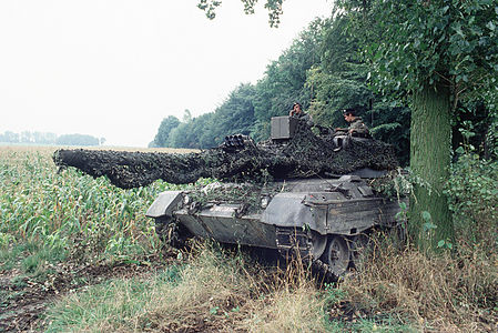 Camouflaged West German Leopard 1A3 during exercise Reforger '83 in September 1983.
