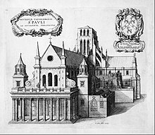 Old St Paul's in 1656 by Wenceslaus Hollar, showing the rebuilt west facade Hollar, Wenceslaus - print; etching - St Paul's from the west - Google Art Project.jpg