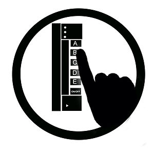 A black and white icon of a hand on a clicker,...
