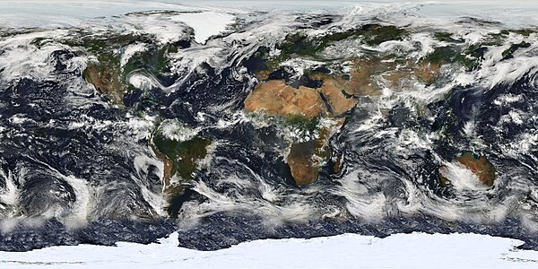 NASA tarafından geliştirilip fırlatılan radyometre MODIS (Moderate resolution Imaging Spectroradiometer)'ten yapılan gözlem sonuçlarından oluşturulan dünyanın yeryüzü, okyanus ve atmosfer görüntüsü. (Üreten: Marit Jentoft-Nilsen)