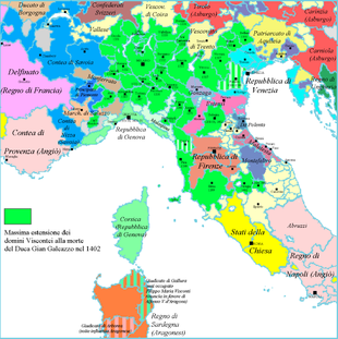 The Visconti dominions (in dark green) in 1402, at Gian Galeazzo's death Massima espansione Viscontea.png