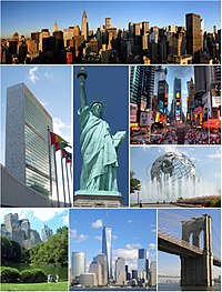 Medurs från topppen: Midtown, Times Square, Unisphere i Queens, Brooklyn Bridge, Lower Manhattan, Central Park, FN:s högkvarter och Frihetsgudinnan.