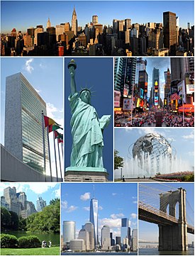 紐約意象：從上方順時針依序為曼哈顿中城、時報廣場、法拉盛草坪公園大地球儀（英语：Unisphere）、布魯克林大橋、世貿一號樓、中央公園、聯合國總部大樓、自由女神像