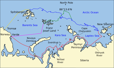 L'oceà Àrtic oriental, inclosos els mars de Barents, Kara i Laptev, mostrant la zona entre el pol nord i la costa eurasiàtica. S'indiquen grups d'illes importants (Spitsbergen, Franz Joseph Land, Novaia Zemlya, Nova Sibèria).