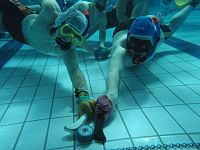 Underwater hockey players wearing water polo caps