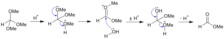 Hydrolysis of methyl orthoformate to methyl formate