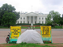 The White House Peace Vigil, started by simple living adherent Ellen Thomas in 1981 PeacePark.jpg