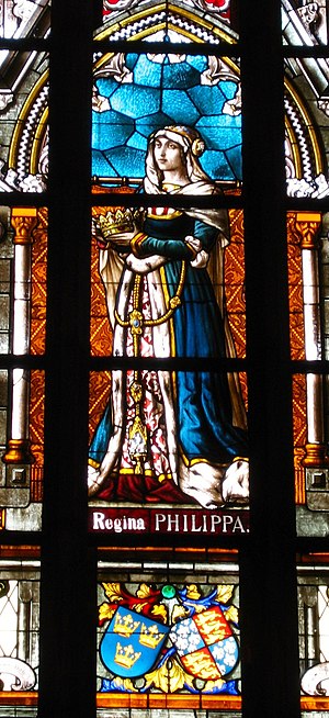 Филиппа Английская, королева Дании, Швеции и Норвегии; витраж церкви Вадстенского монастыря