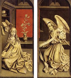 Outside faces of the side panels: the Annunciation