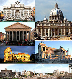 Az óramutató járásával fentről: a Trevi-kút, a Szent Péter-bazilika, a Viktor Emanuel-emlékmű, a Forum Romanum, a Colosseum és a Pantheon