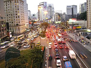 Roadway noise is the most prevalent form of environmental noise. Pictured: Sao Paulo, Brazil. SaoPaulo PrestesMaia.jpg