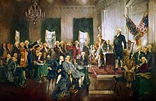 Painting by Howard Chandler Christy, depicting the signing of the Constitution of the United States, with Washington as the presiding officer standing at right