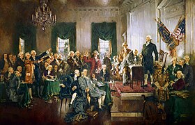 Картина Говарда Чендлера Кристи, изображающая подписание Конституции Соединенных Штатов, с Вашингтоном в качестве председательствующего, стоящим справа