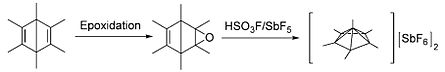 Reaction of hexamethyl Dewar benzene to the salt [C6Me6](SbF6)2 containing the pyramidal carbodication of hexamethylbenzene, using magic acid