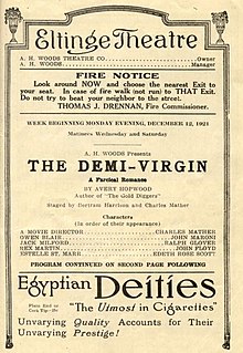 Printed playbill shows name and management of the theater, with the play's title in the center, followed by other credits