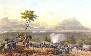 Amerikanske tropper marcherer mod Monterrey under den Mexicansk-amerikanske krig, maleri af Carl Nebel.