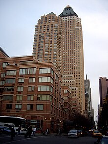 Looking east across Ninth Avenue and 49th Street at 3 Worldwide Plaza in the foreground, with 1 and 2 Worldwide Plaza in the background