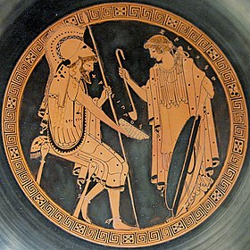 Zeuxo verse du vin à Chrysippe. Intérieur d'un kylix attique à figures rouges par le peintre de Brygos, Capoue, ca. 490-480 av. J.-C.