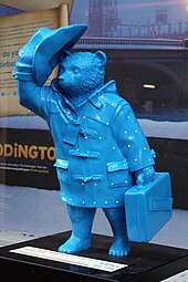 Paddington Bear statue in London designed by Intel, auctioned for the NSPCC "Little Bear Blue", Paddington Bear, Noel Street - geograph.org.uk - 4268839.jpg