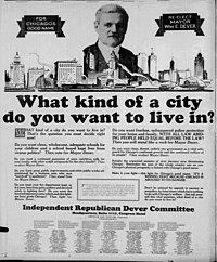 An image of Dever atop the skyline of Chicago accompanied by the question "What kind of a city do you want to live in?" and paragraphs of text.