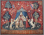 Doamna și Unicornul, titlu dat unei serii de șase tapiserii țesute în Flandra, cea de aici fiind numită À Mon Seul Désir; secolul al XV-lea târziu; lână și mătase; 377 x 473 cm; Musée de Cluny (Paris)