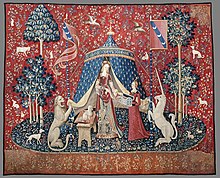 The Lady and the Unicorn, the title given to a series of six tapestries woven in Flanders, this one being called A Mon Seul Desir; late 15th century; wool and silk; 377 x 473 cm; Musee de Cluny (Paris) (Toulouse) Mon seul desir (La Dame a la licorne) - Musee de Cluny Paris.jpg