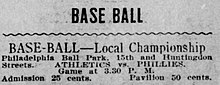 Advertisement for an Athletics vs. Phillies game, known as the "City Series", at "Philadelphia Ball Park", on April 10, 1905 19050410PBP.jpg