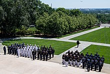 Soldiers, marines, sailors, marines, airmen, guardians, and coast guardsmen from their services ceremonial units stand in formation at Arlington National Cemetery 220530-D-XI929-1036 (52109853997).jpg
