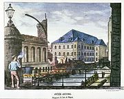 Vue du canal du pont de Weppes en 1875. A gauche, débouché du canal des Poissonceaux à côté de l'Arsenal