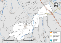 Carte en couleur présentant le réseau hydrographique de la commune