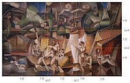 Albert Gleizes, 1912, Les Baigneuses (The Bathers), oil on canvas, 105 x 171 cm, Musée d'Art Moderne de la Ville de Paris, golden rectangle (painting, 1 to 1.618 ± 0.07), golden ratio grid (golden/yellow grid, so1 - so4), and 4 : 6 ratio grid overlay