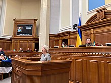 Speaker of the Saeima Inara Murniece addressing the Verkhovna Rada on 24 March 2022. Baltijas valstu parlamentu priekssedetaji solidaritates vizite apmekle Kijivu 01.jpg