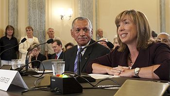 Charles Bolden, nominee for Administrator of NASA, center, and Lori Garver, right, nominee for deputy administrator of NASA, testify at their confirmation hearing before the Committee in 2009. Bolden and Garver before Congress.jpg