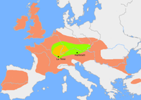 The green area suggests a possible extent of (proto-)Celtic influence around 1000 BC. The orange area shows the region of birth of the La Tene style. The red area indicates an idea of the possible region of Celtic influence around 400 BC. Celts 800-400BC.PNG