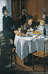 The Luncheon, 1868, Städel, which features Camille Doncieux and Jean Monet, was rejected by the Paris Salon of 1870 but included in the first Impressionists' exhibition in 1874.