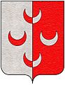 Partito d'argento e di rosso, a quattro crescenti (montanti), 1.2.1, quello in capo e quello in punta dell'uno all'altro, e i due ai lati dell'uno nell'altro