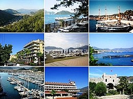 1. Pemandangan Marmaris dari jauh; 2. Pantai Marmaris; 3. Kapal kayu; 4. Pusat kota Marmaris; 5. Pantai Marmaris; 6. Dolphinarium di Marmaris; 7. Marina Marmaris; 8. Hotel Mares; 9. Kastil Marmaris.