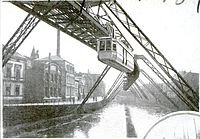 The suspension railway of Elberfeld was built over the river in order to keep the streets unobstructed. Elberfeld suspension railway.jpg