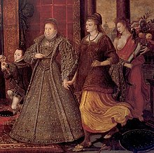 Elizabeth ushers in Peace and Plenty. Detail from The Family of Henry VIII: An Allegory of the Tudor Succession, c. 1572, attributed to Lucas de Heere. Elizabeth succession allegory.jpg