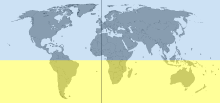 The Southern Hemisphere is highlighted in yellow. The hemispheres appear to be unequal in this image because Antarctica is not shown. Global hemispheres.svg