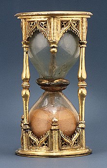 German half-hour sand glass, first quarter of the 16th century, bronze-gilt and silver-gilt, height: 8.3 cm, diameter: 8.4 cm, Metropolitan Museum of Art (New York City) Half-hour sand glass MET ES268.jpg