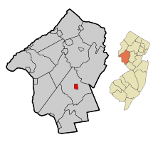 Location of Flemington within Hunterdon County. Inset: Location of Hunterdon County highlighted in the State of New Jersey.