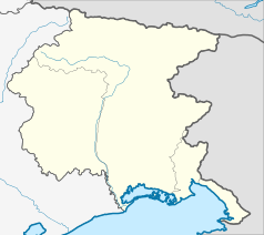 Mapa konturowa Friuli-Wenecji Julijskiej, w centrum znajduje się punkt z opisem „Udine”
