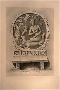 Lithographie d'après Agostino Aglio : Sak K'uk', trône du Jaguar, Palenque (vers 1830)[17]