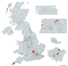 Map detailing constituencies in which the Labour Party gained in vote percentage in the 2019 general election Labour gains 2019.png