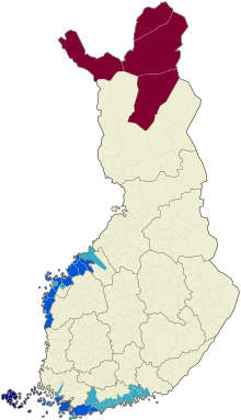 Municipalities of Finland:
unilingually Finnish
bilingual with Finnish as majority language, Swedish as minority language
bilingual with Swedish as majority language, Finnish as minority language
unilingually Swedish
bilingual with Finnish as majority language, Sami as minority language Languages of Finnish municipalities (2016).svg