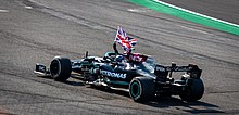 Lewis Hamilton after a controversial victory at the 2021 British Grand Prix Lewis Hamilton 2021 Silverstone Win (51350286770).jpg