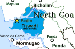 Location of Vanxim (dark blue in red circle) in Ilhas de Goa (light blue)