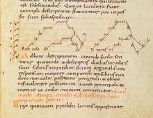 The Rex caeli sequence from the Bamberg Manuscript of the treatise Musica enchiriadis, (2nd half of the 9th century, Germany) Musica enchiriadis Rex celi.png